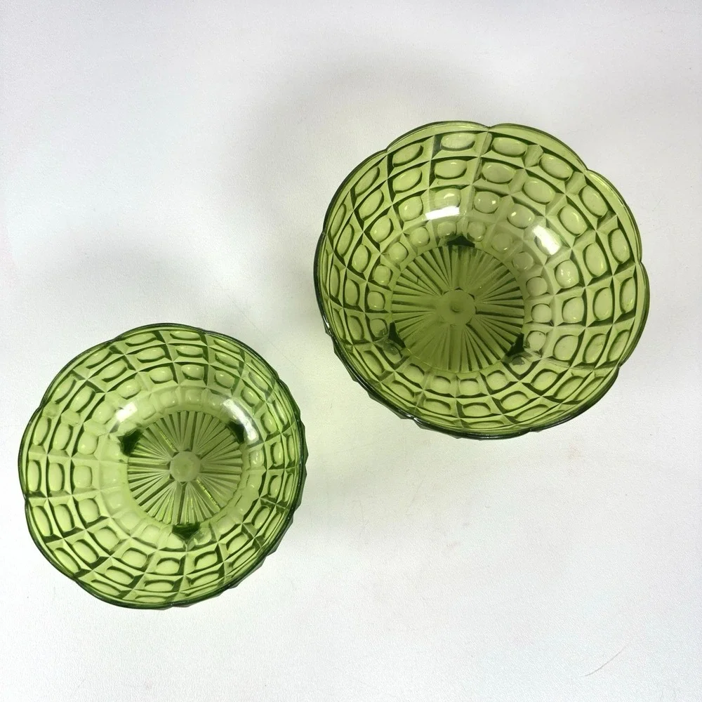 Vtg REGALINE Bowl Dish Set 2 Green Footed Acrylic Block Pattern Mid Century MCM